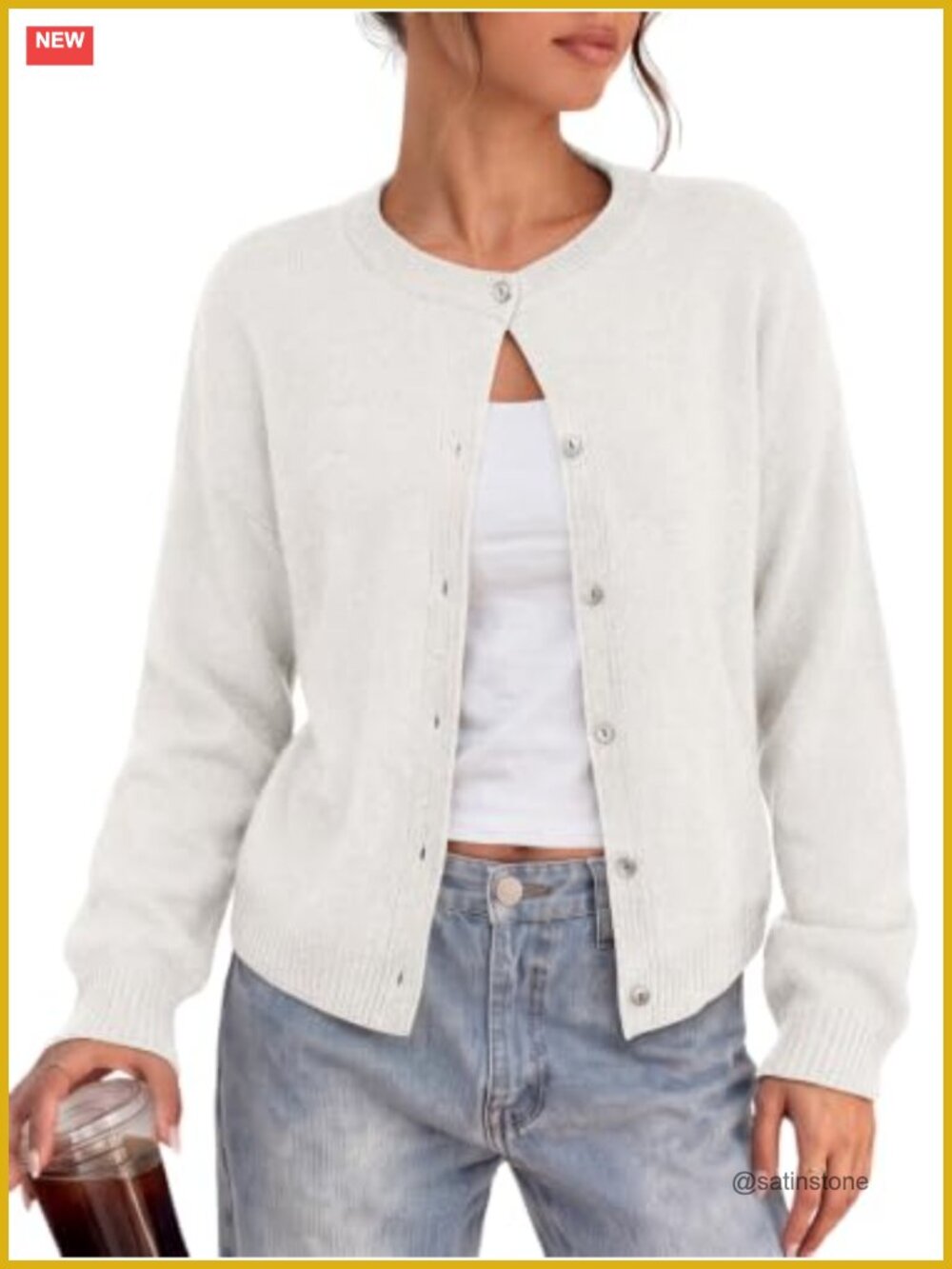 Womens Oversized Button Down Cardigan Crew Neck Knit Sweater